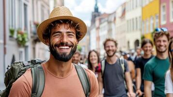 Travelers smiling and enjoying their adventure in vibrant city photo