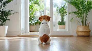 dog sitting by door, gazing outside at lush greenery, evokes sense of longing photo