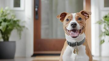 happy dog with joyful expression sitting at entrance of home photo