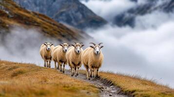 Herd of mountain goats walking along misty path in mountains photo