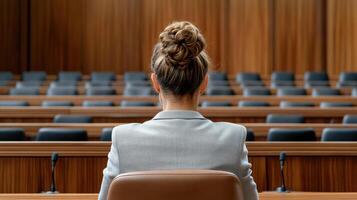 woman in suit sits in courtroom, facing empty benches, ready for debate photo