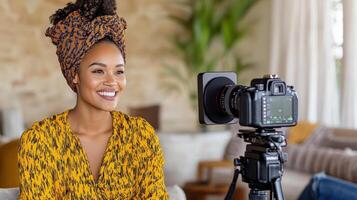 woman smiles while being filmed by camera in cozy setting photo
