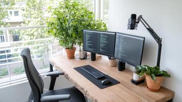 modern home office setup with dual monitors, plants, and comfortable chair photo