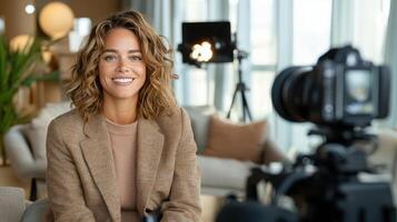 journalist interviewing leader in modern setting, smiling confidently photo