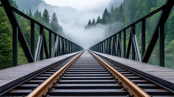 lonely railway bridge covered in thick fog, leading into unknown photo
