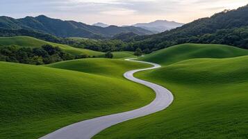 long and winding road weaves through rolling green hills under serene sky photo