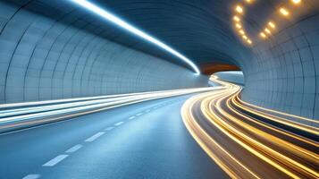 Long exposure night drive through tunnel with light trails creating motion photo