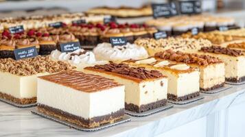 Luxurious dessert shop showcasing variety of cheesecakes and pastries photo