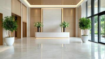Luxurious hotel lobby with elegant decor and oversized vases of greenery photo