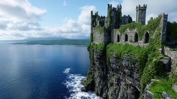 majestic castle ruin stands on cliffside, covered in ivy, overlooking ocean photo