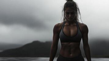 Athletic girl in sports bra showcasing strength and determination outdoors photo