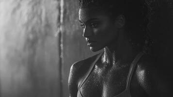 Sweaty woman in athletic wear, showcasing strength and determination photo
