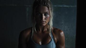 Strong woman with determined expression, showcasing fitness and strength photo
