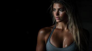 Determined woman in fitness pose, showcasing strength and focus photo