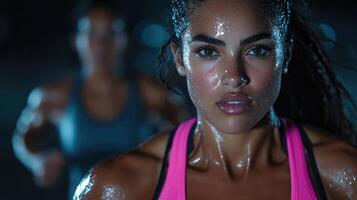 Sweaty woman in pink sportswear focused on cardio workout, showcasing energy and determination photo