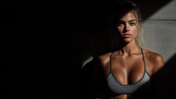 Strong woman in powerful stance, showcasing confidence and strength photo