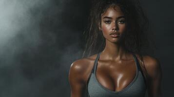 Energetic girl showcasing strength and determination in workout setting photo