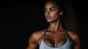 fit woman showcasing her toned physique in dark setting photo