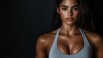 Confident fit woman with toned physique in gray sportswear against dark background photo