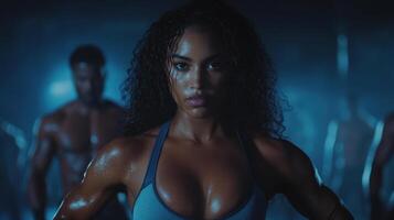 Empowered woman showcasing strength and determination in fitness setting photo