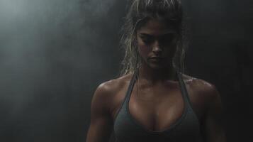 focused woman in workout top, showcasing strength and determination photo