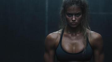 Strong woman with defined muscles and wet skin in dark gym setting photo