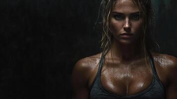Athletic woman with wet skin, showcasing strength and determination in dark setting photo