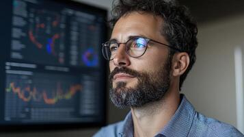 Data analyst reviewing complex algorithms and visualizations thoughtfully photo