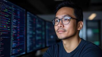 Data scientist analyzing global consumer behavior with multiple screens photo
