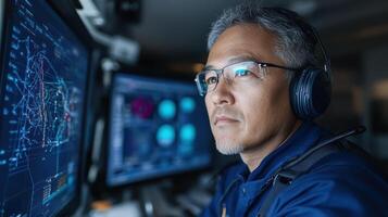 Focused man analyzing data on multiple screens in high tech environment photo