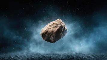 floating rock in deep space surrounded by cosmic dust and light photo