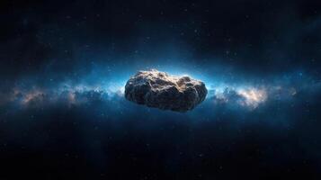 rocky asteroid floating in deep space, surrounded by cosmic dust and stars photo