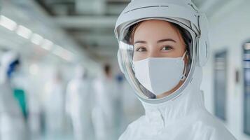 woman in space suit and mask smiles in futuristic environment photo