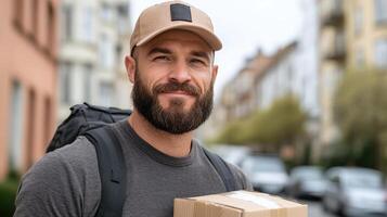 delivery driver smiling confidently while holding package in city photo
