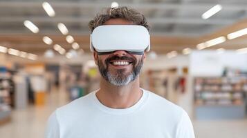 Man wearing virtual reality headset, smiling in modern store environment photo