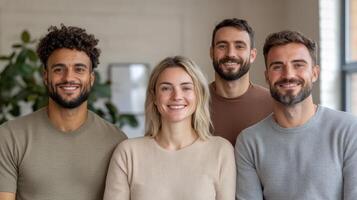 Diverse group of smiling individuals in modern office setting photo