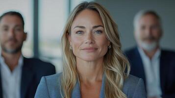 Empowered woman in business setting, exuding confidence and professionalism photo