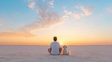 person and dog enjoying sunset together in serene landscape photo