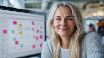 smiling woman in modern office with digital whiteboard filled with colorful sticky notes photo