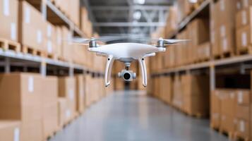 Autonomous drone restocking shelves in warehouse environment photo