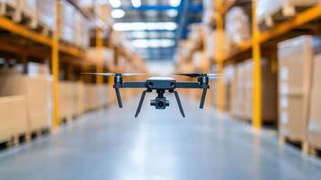Autonomous drone flying in warehouse, showcasing advanced technology and efficiency photo