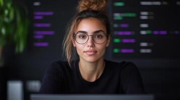focused woman in glasses working in modern workspace with digital displays photo