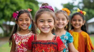 joyful group of children in traditional attire, smiling brightly together photo