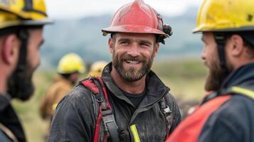 Firefighters discussing strategy with smiles and teamwork in nature photo