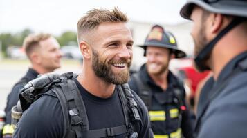 group of firefighters smiling and strategizing together in team photo