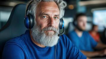 focused man with beard wearing headset, engaged in gaming photo