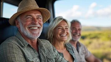 Travelers enjoying scenic train ride, smiling and relaxed in cozy compartment photo