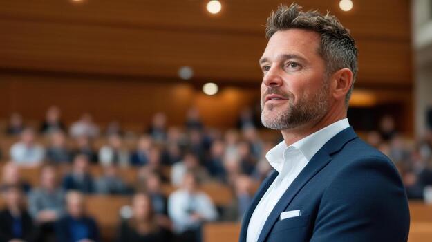 high powered CEO addressing audience in conference setting photo