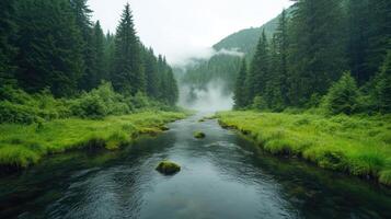 serene river flowing through lush green forest with misty mountains photo