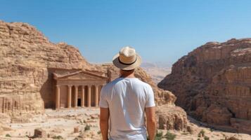 hiker standing on cliffs in Petra, Jordan, admiring ancient architecture photo